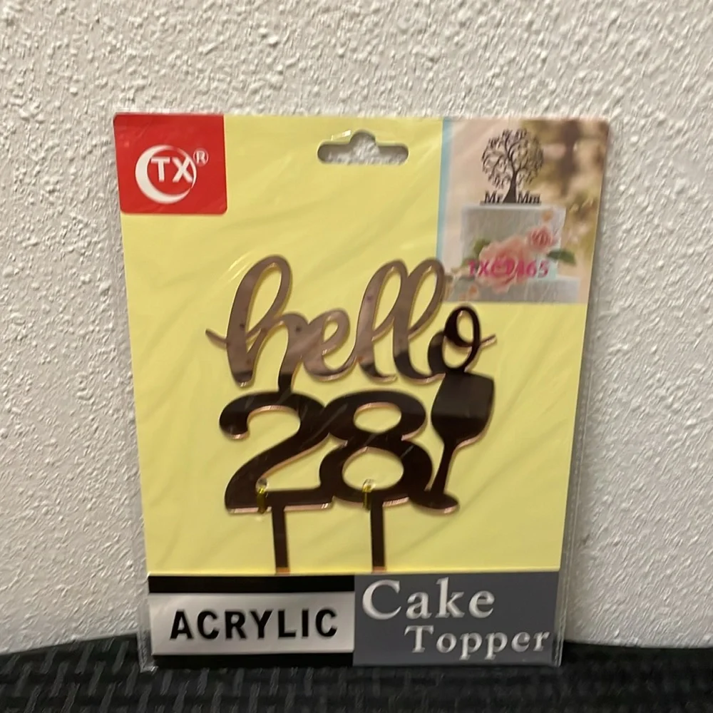 CTX Acrylic Hello 28 Cake Topper - Rose Gold Acrylic Decoration NIP 7” H X 5” W